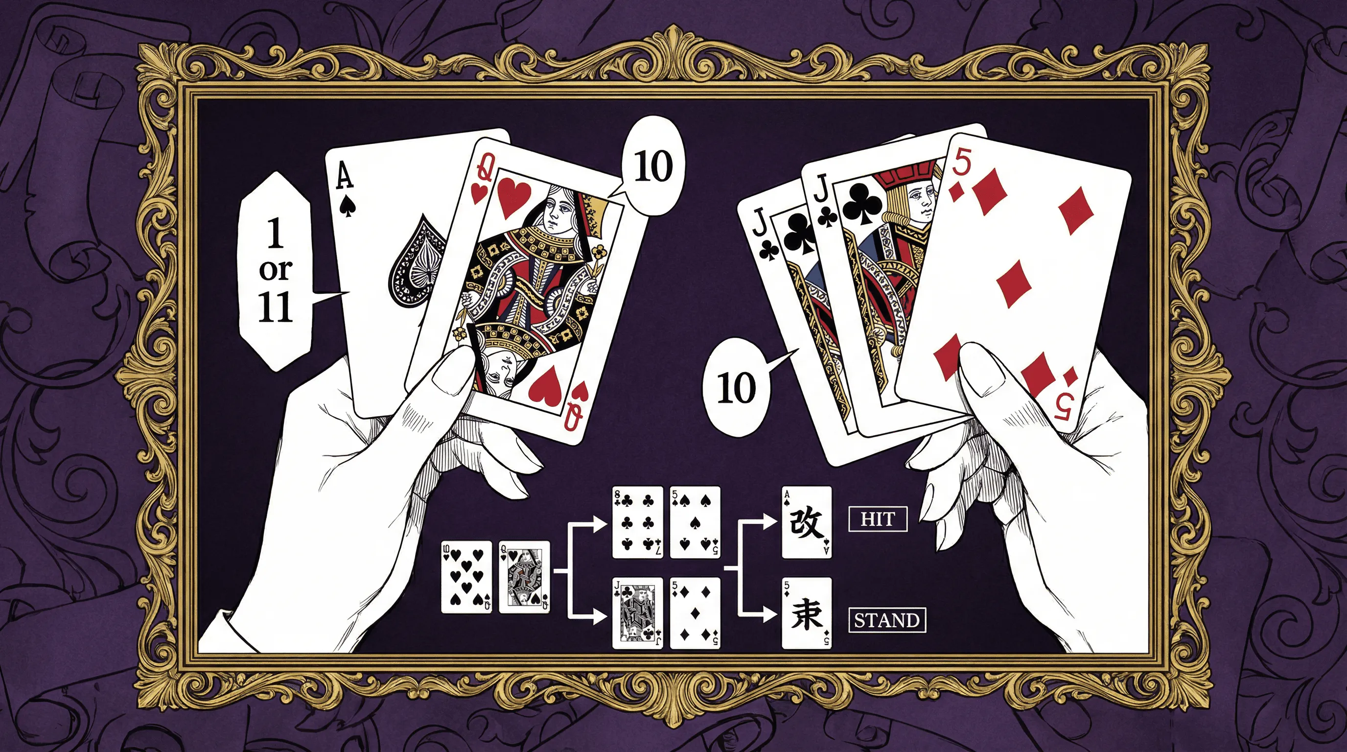 Diagrama ilustrativo das regras e valores das cartas no Blackjack